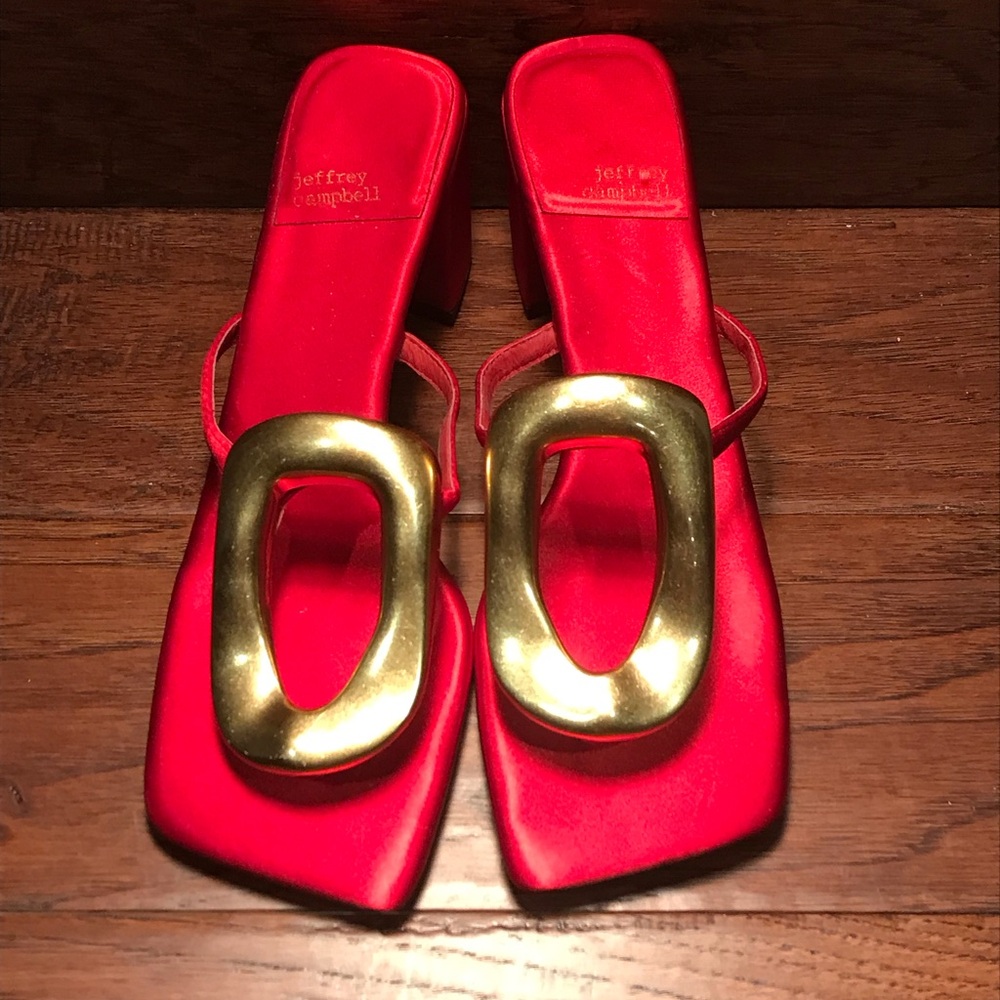 Jeffrey Campbell Linque-up Bold Red Heels with Gold Accents